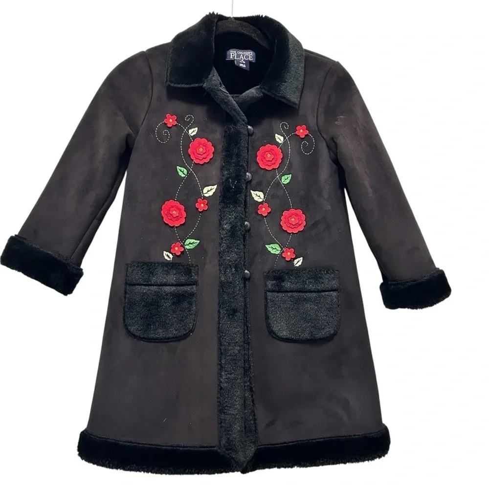 Children’s Place Girls Black Faux Fur Floral Embroidered Coat SZ 7/8